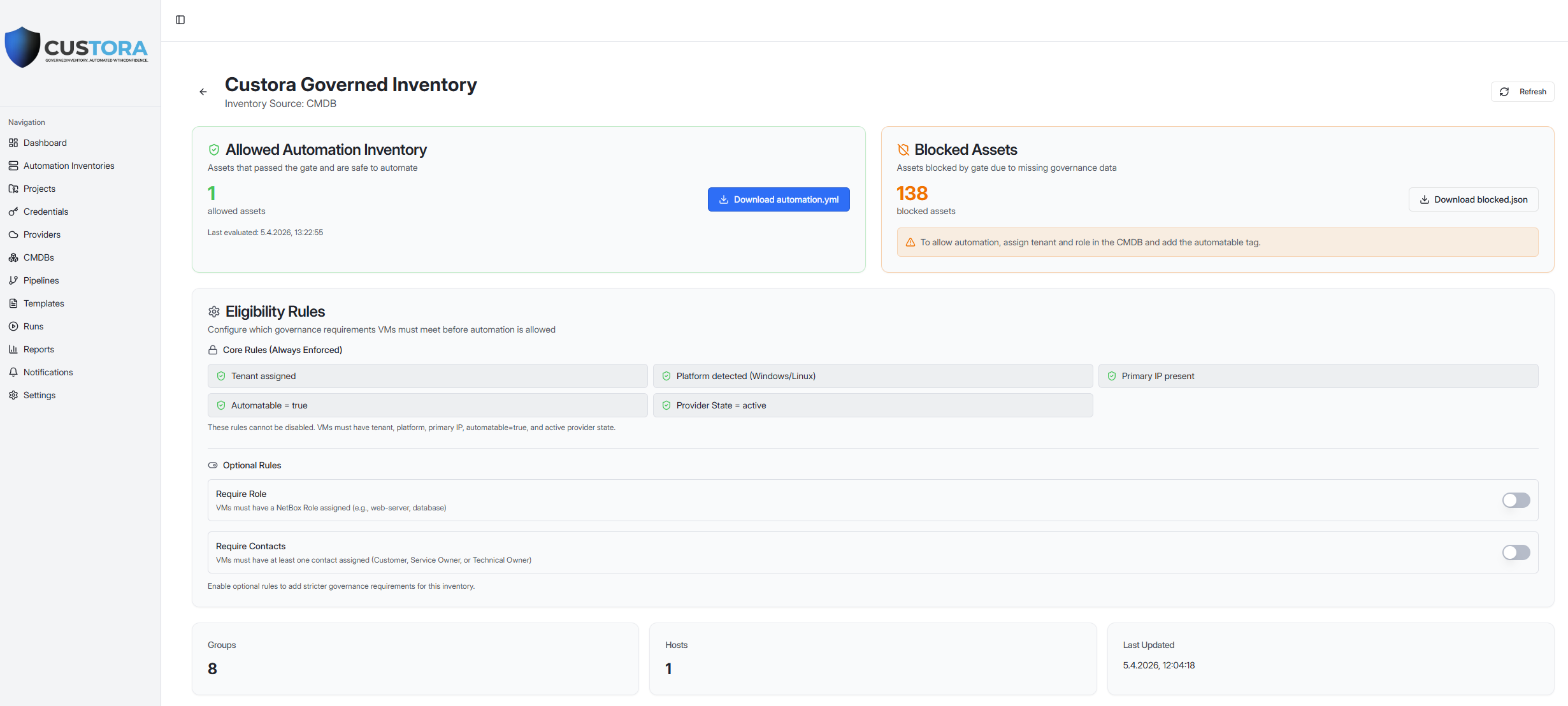 Custora allowed automation inventory view