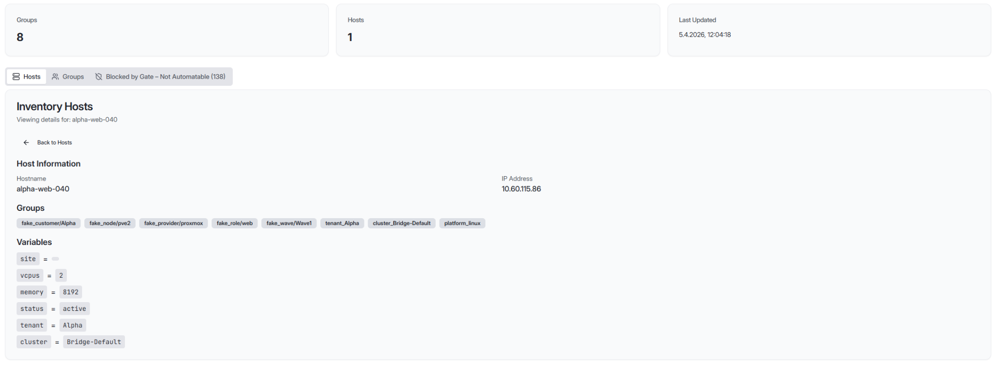 Custora host details page with groups and variables
